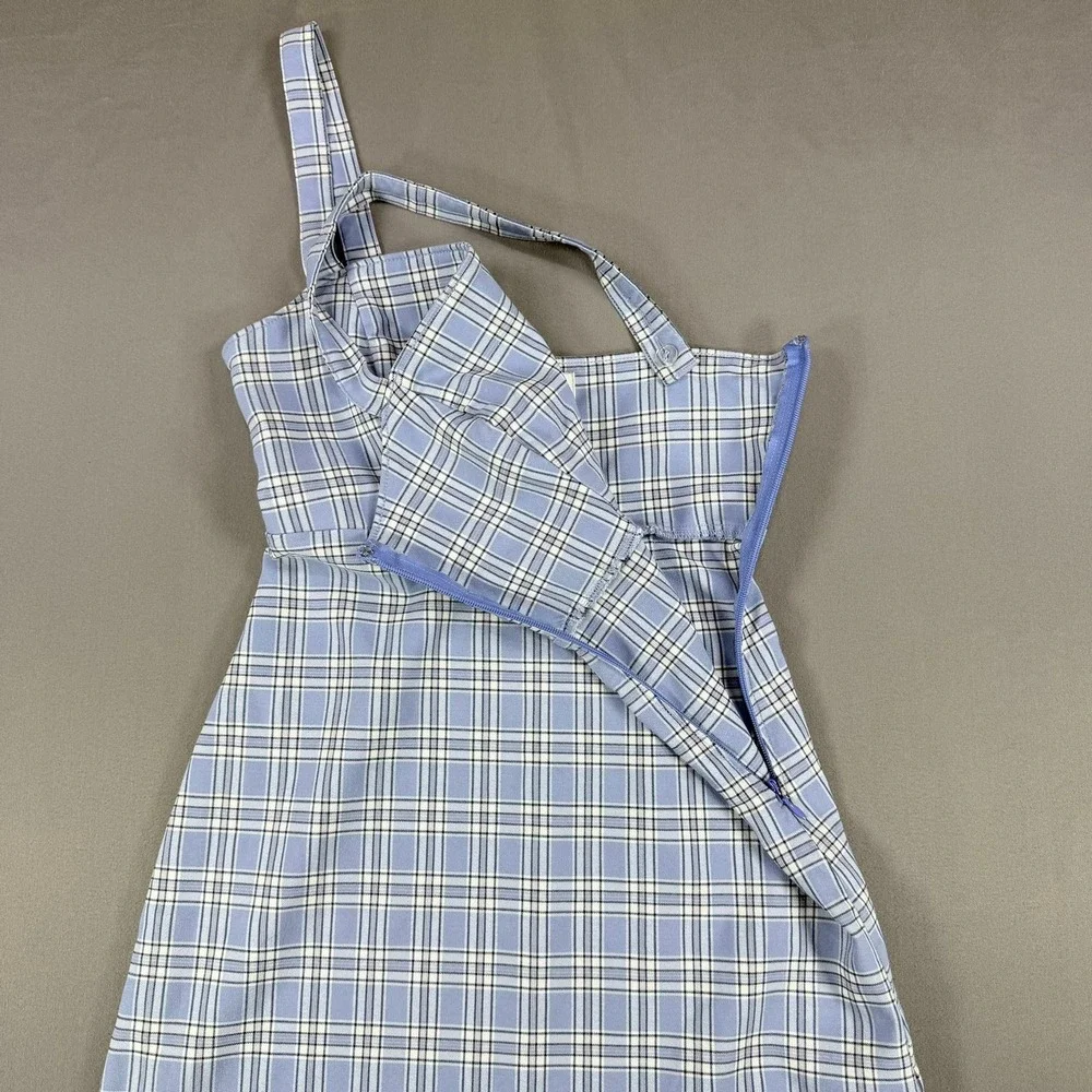 Hollister Plaid Mini‎ Dress Womens XS Blue White Front Slit Casual Summer